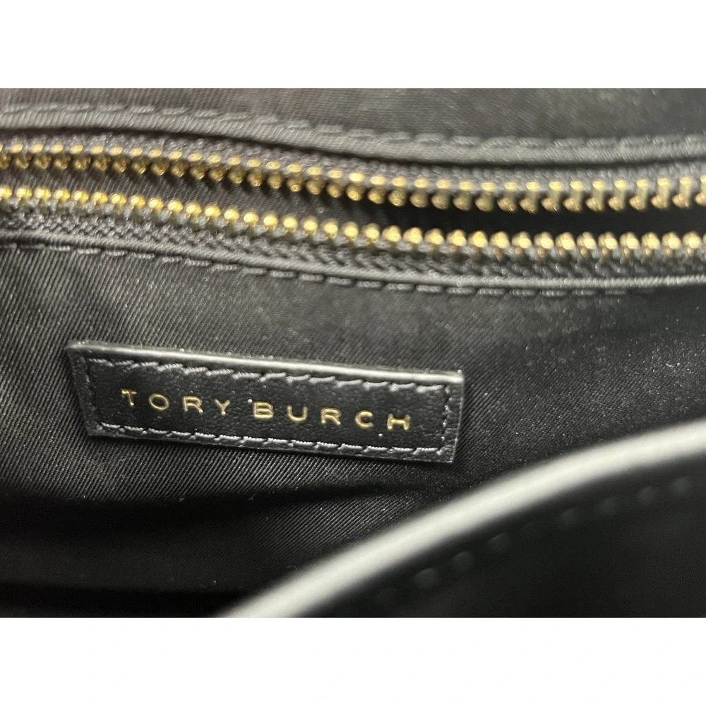 TORY BURCH Black Quilted Leather SAVANNAH Small Flat Chain Strap Tote Bag
